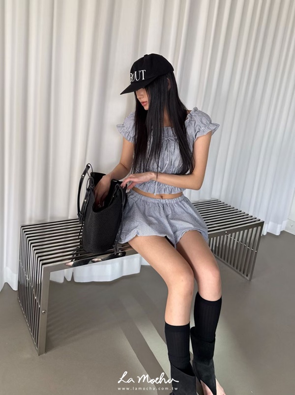泡泡布抽繩格紋澎裙
